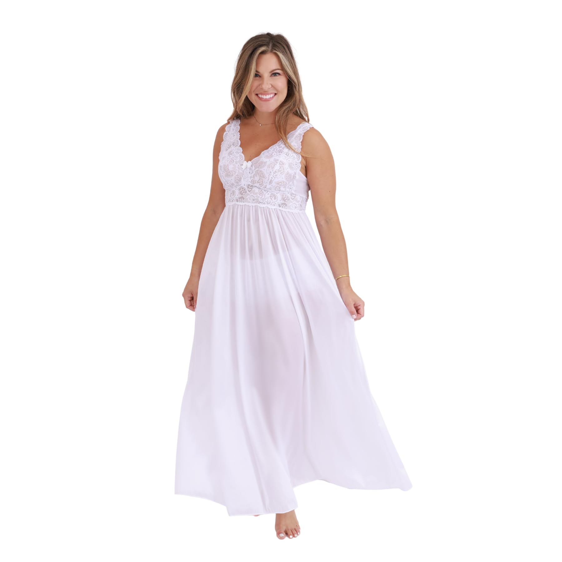 SHADOWLINE Women's Long Flowy Figure Flattering Nightgown– Silky Floral Stretch Lace Sleeveless Elegant Lingerie Sleepwear