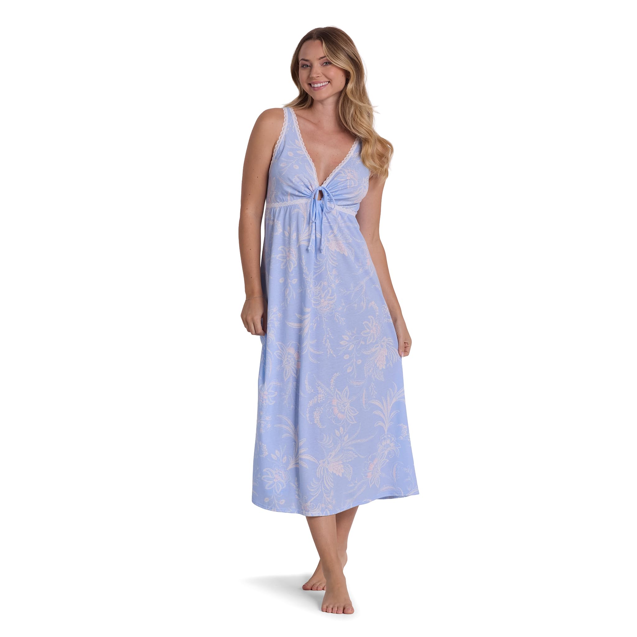 Miss Elaine Vintage Silky Knit Long Sleeveless Nightgown, with V-Neck, Sleepwear and Loungewear