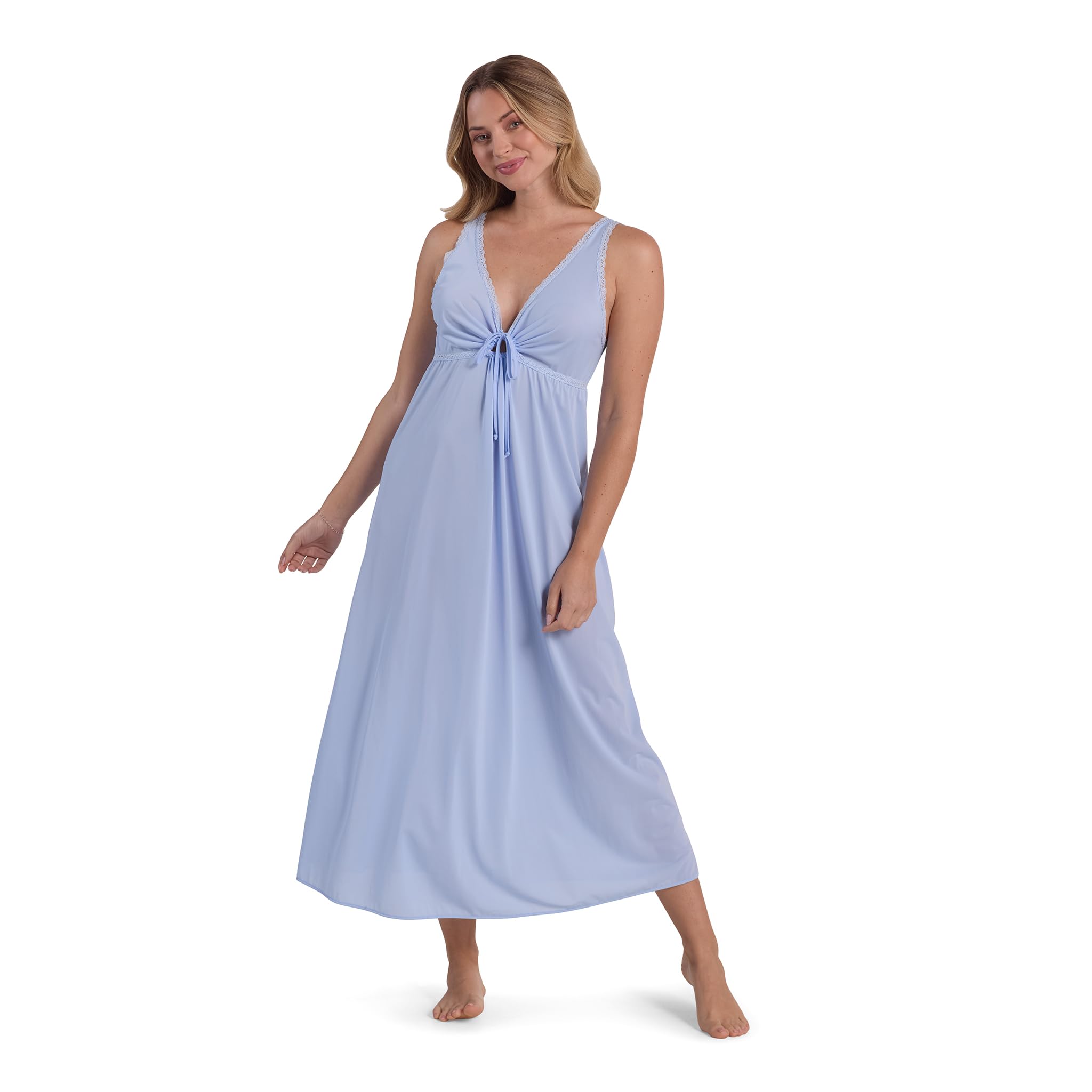 Miss Elaine Vintage Silky Knit Long Sleeveless Nightgown, with V-Neck, Sleepwear and Loungewear