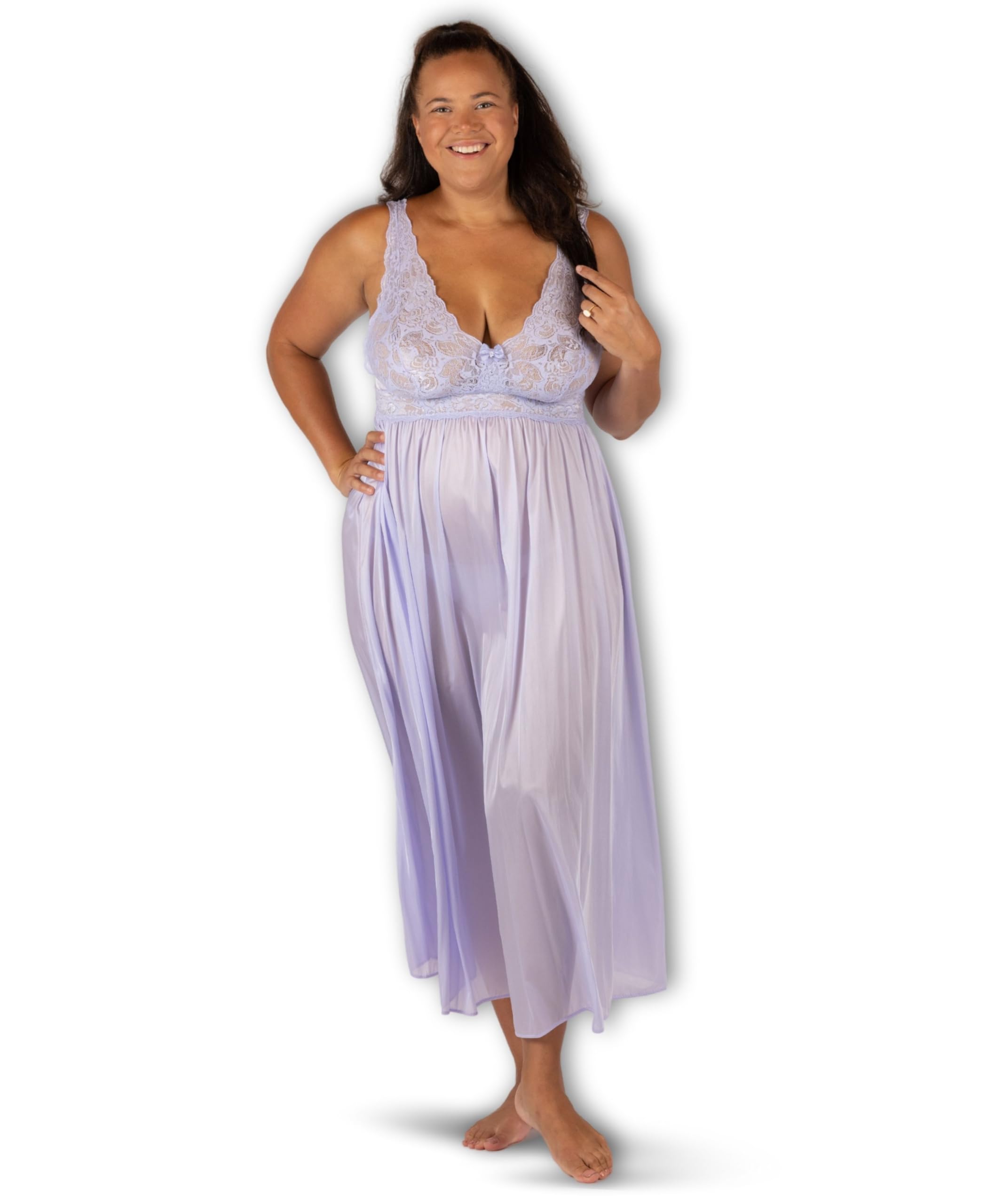 SHADOWLINE Women's Long Flowy Figure Flattering Nightgown– Silky Floral Stretch Lace Sleeveless Elegant Lingerie Sleepwear