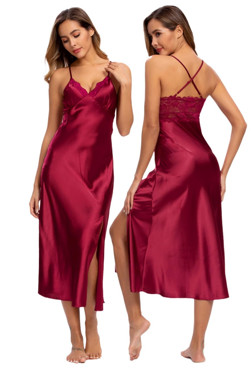 ALCEA ROSEA Women Silk Satin Nightgown Sexy Lace Chemise Lingerie Long Sleepdress for Ladies Sleepwear Slip Negligee