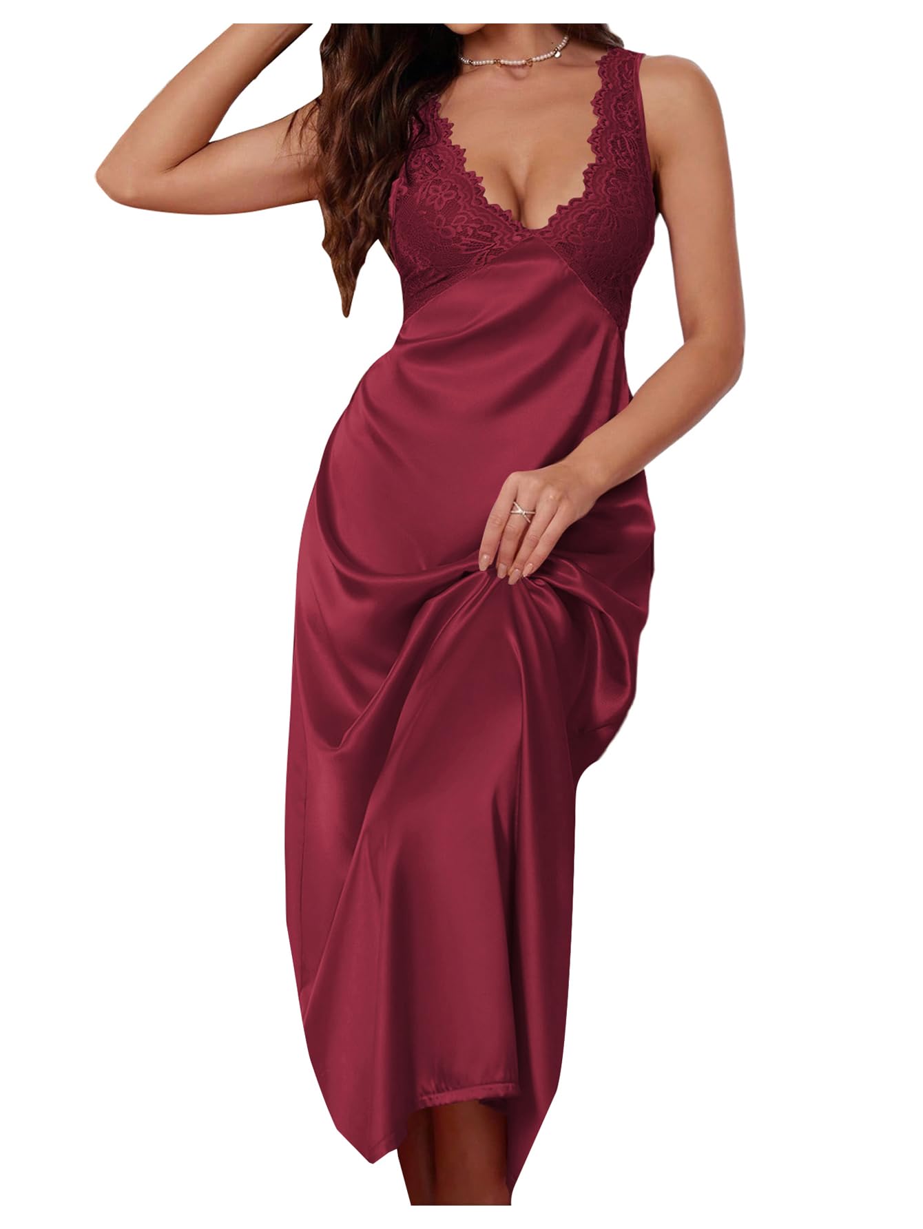 WDIRARA Women's Lace Backless Sexy Long Satin Sleepwear Deep V Neck Sleeveless Nightgown