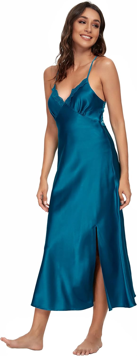 ALCEA ROSEA Women Silk Satin Nightgown Sexy Lace Chemise Lingerie Long Sleepdress for Ladies Sleepwear Slip Negligee