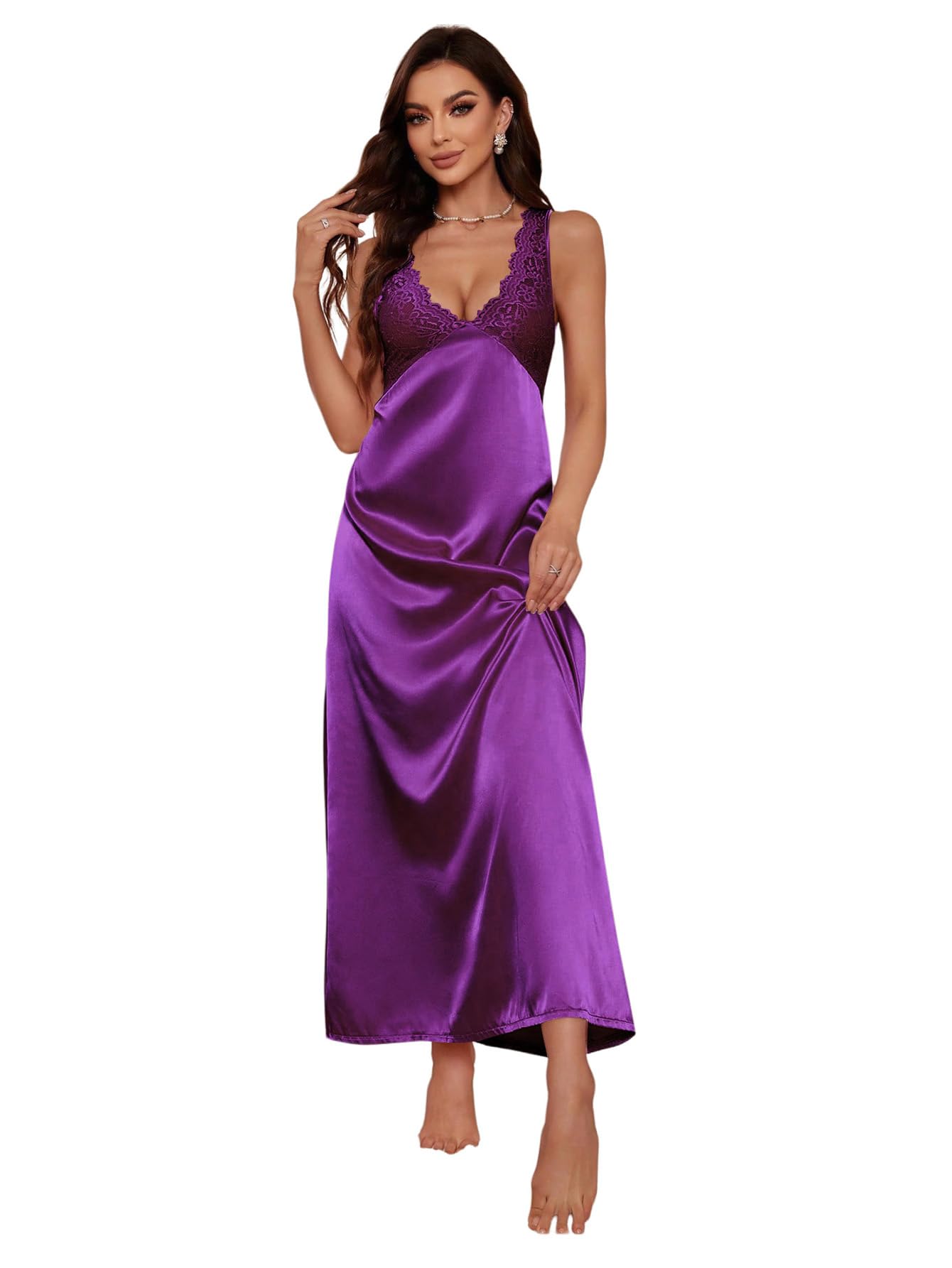 WDIRARA Women's Lace Backless Sexy Long Satin Sleepwear Deep V Neck Sleeveless Nightgown
