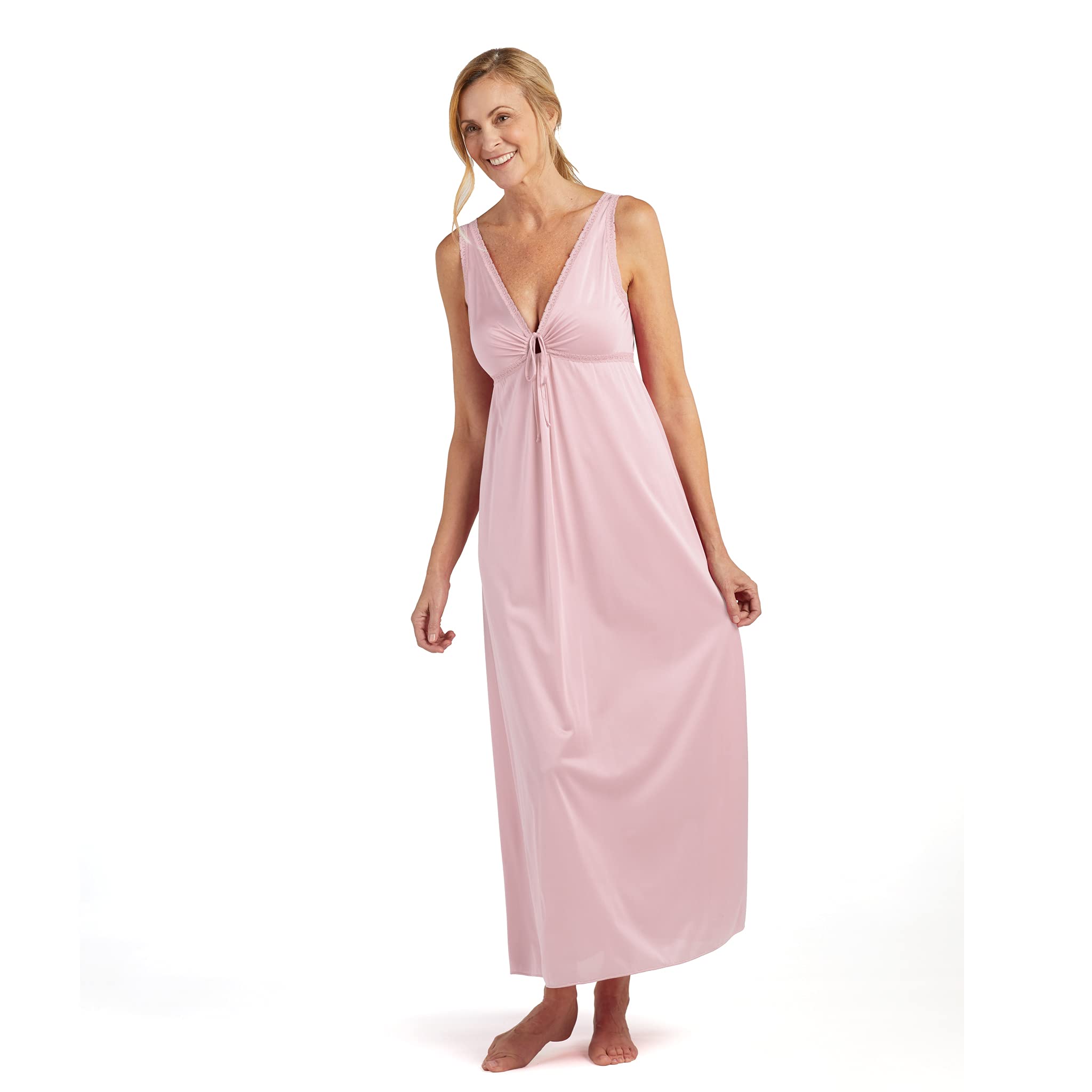 Miss Elaine Vintage Silky Knit Long Sleeveless Nightgown, with V-Neck, Sleepwear and Loungewear