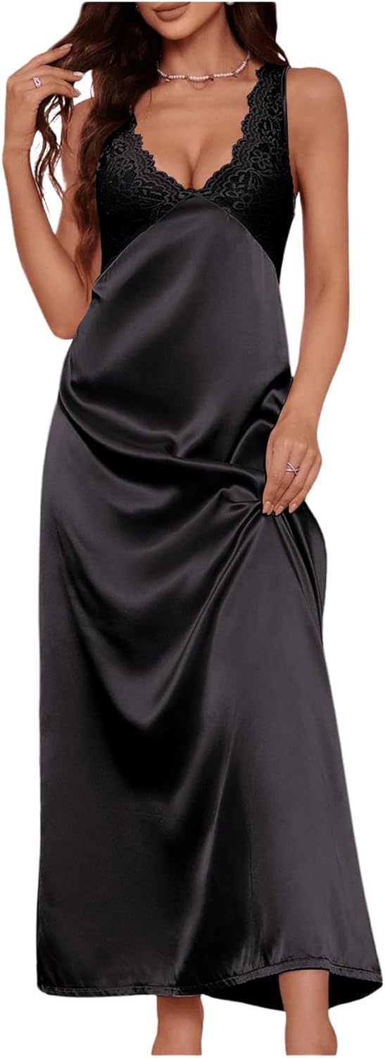 WDIRARA Women's Lace Backless Sexy Long Satin Sleepwear Deep V Neck Sleeveless Nightgown