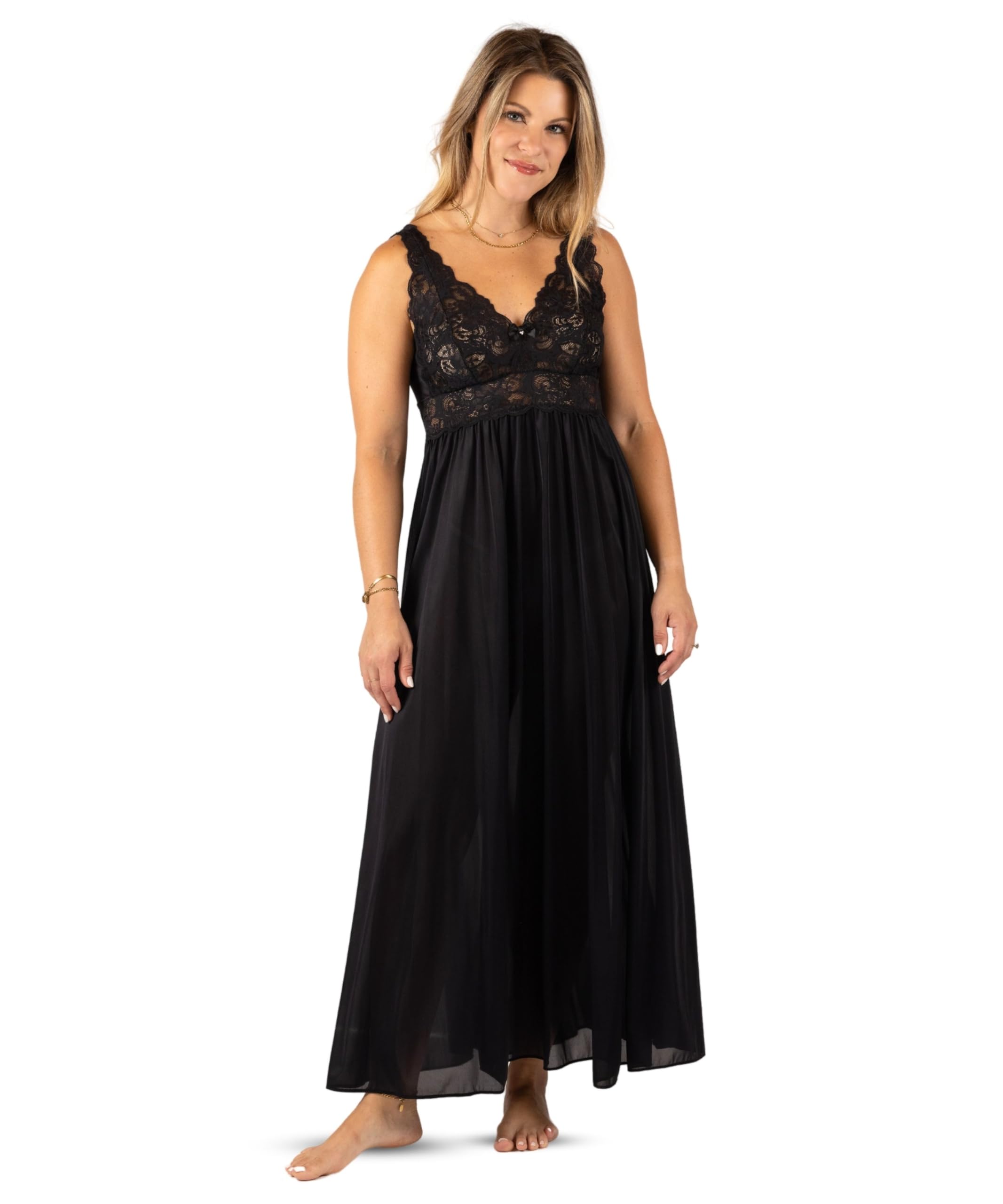 SHADOWLINE Women's Long Flowy Figure Flattering Nightgown– Silky Floral Stretch Lace Sleeveless Elegant Lingerie Sleepwear