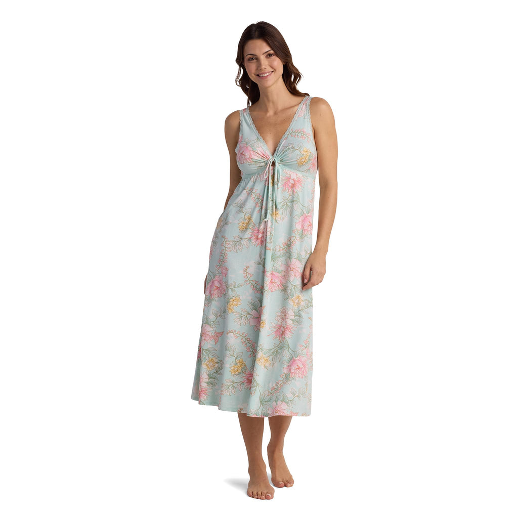 Miss Elaine Vintage Silky Knit Long Sleeveless Nightgown, with V-Neck, Sleepwear and Loungewear