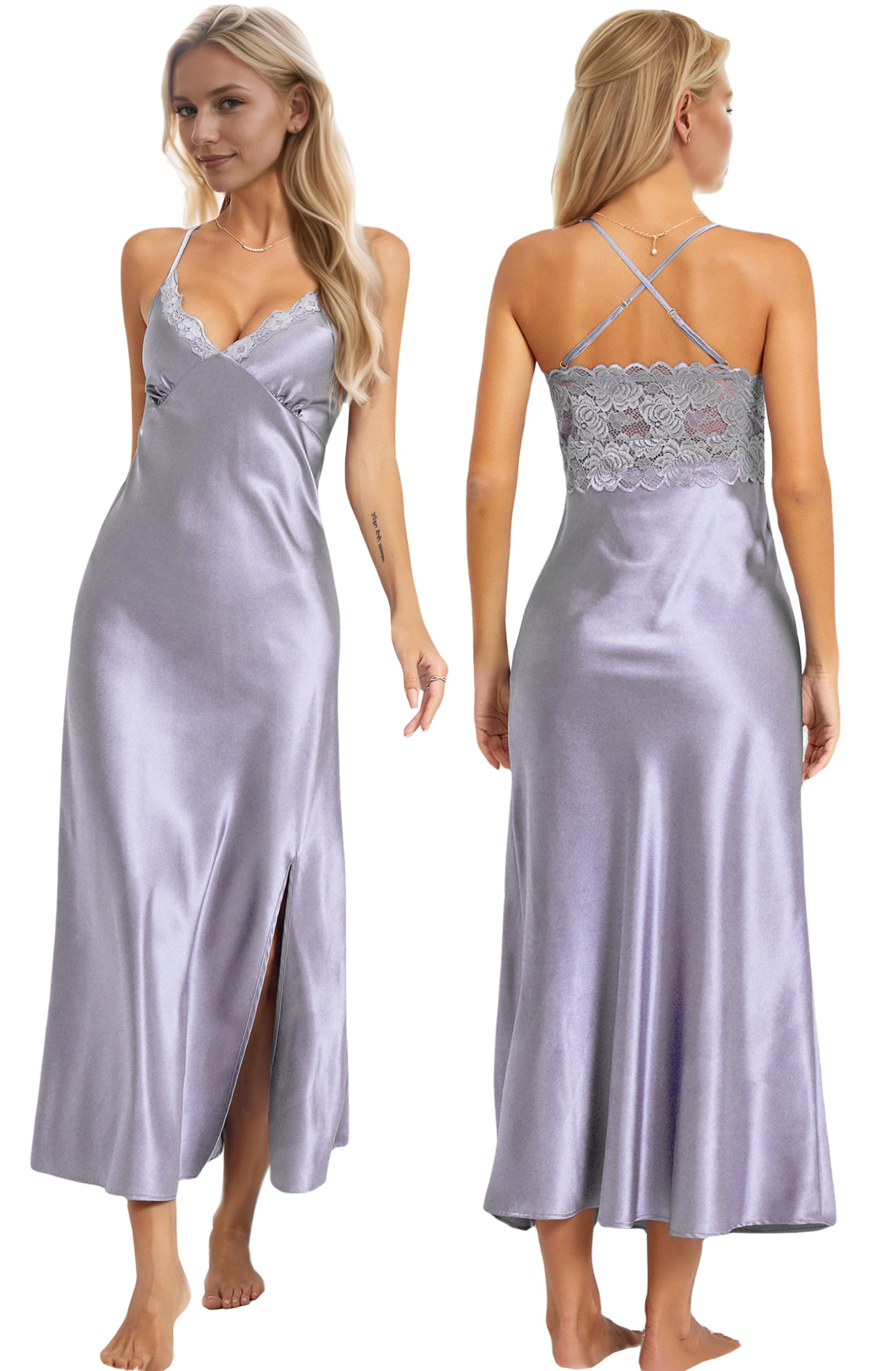 ALCEA ROSEA Women Silk Satin Nightgown Sexy Lace Chemise Lingerie Long Sleepdress for Ladies Sleepwear Slip Negligee