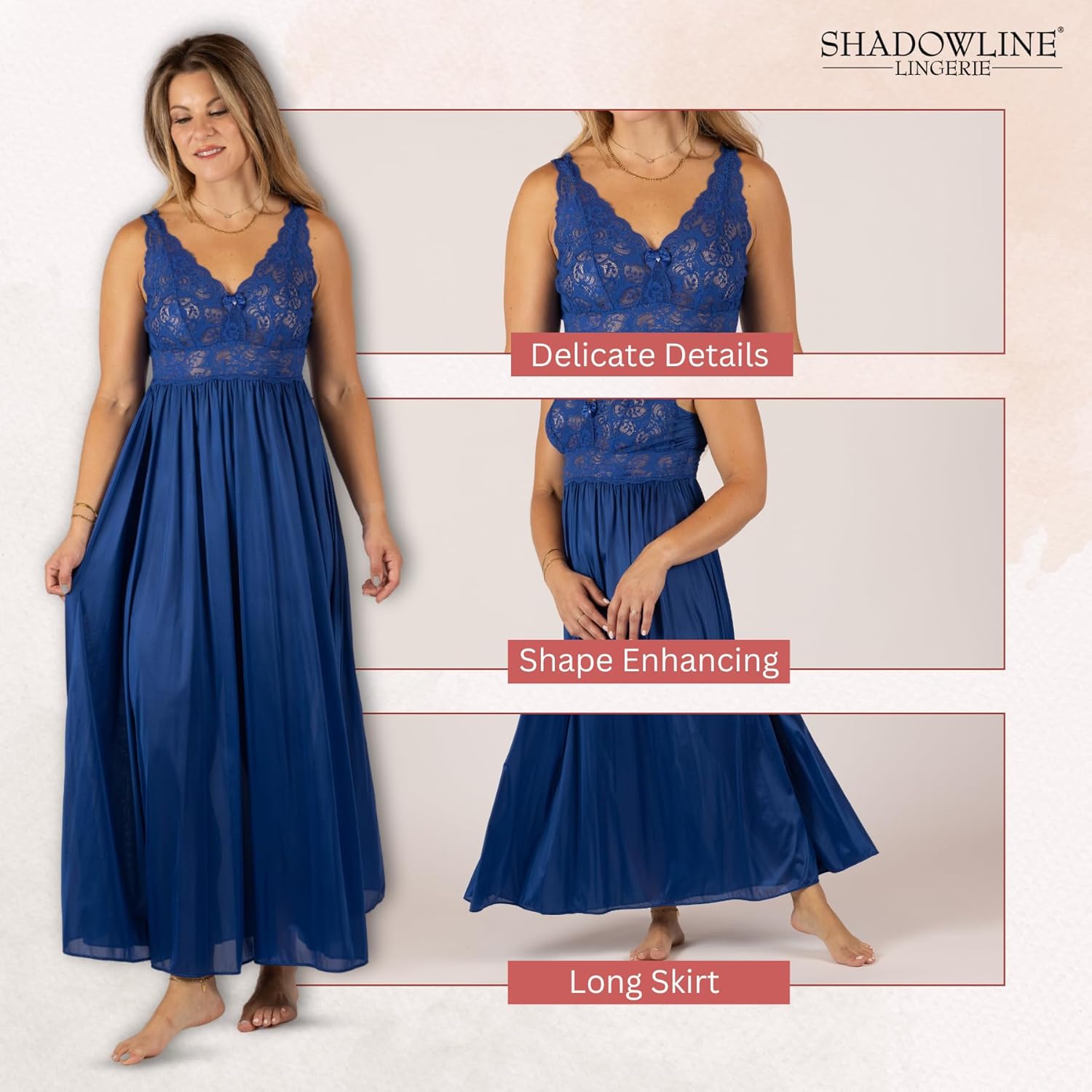 SHADOWLINE Women's Long Flowy Figure Flattering Nightgown– Silky Floral Stretch Lace Sleeveless Elegant Lingerie Sleepwear