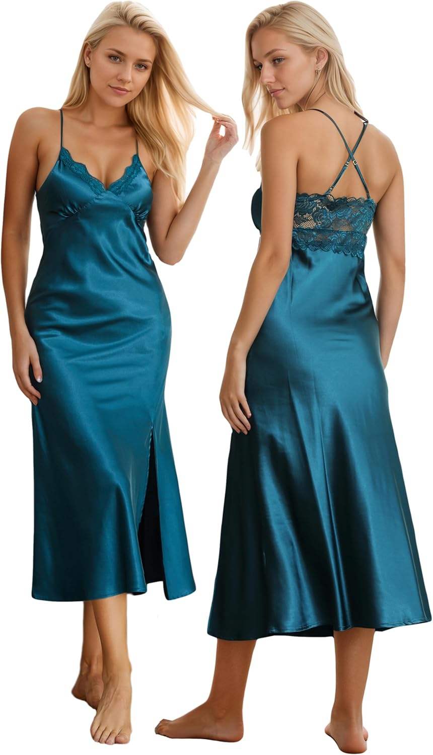 ALCEA ROSEA Women Silk Satin Nightgown Sexy Lace Chemise Lingerie Long Sleepdress for Ladies Sleepwear Slip Negligee