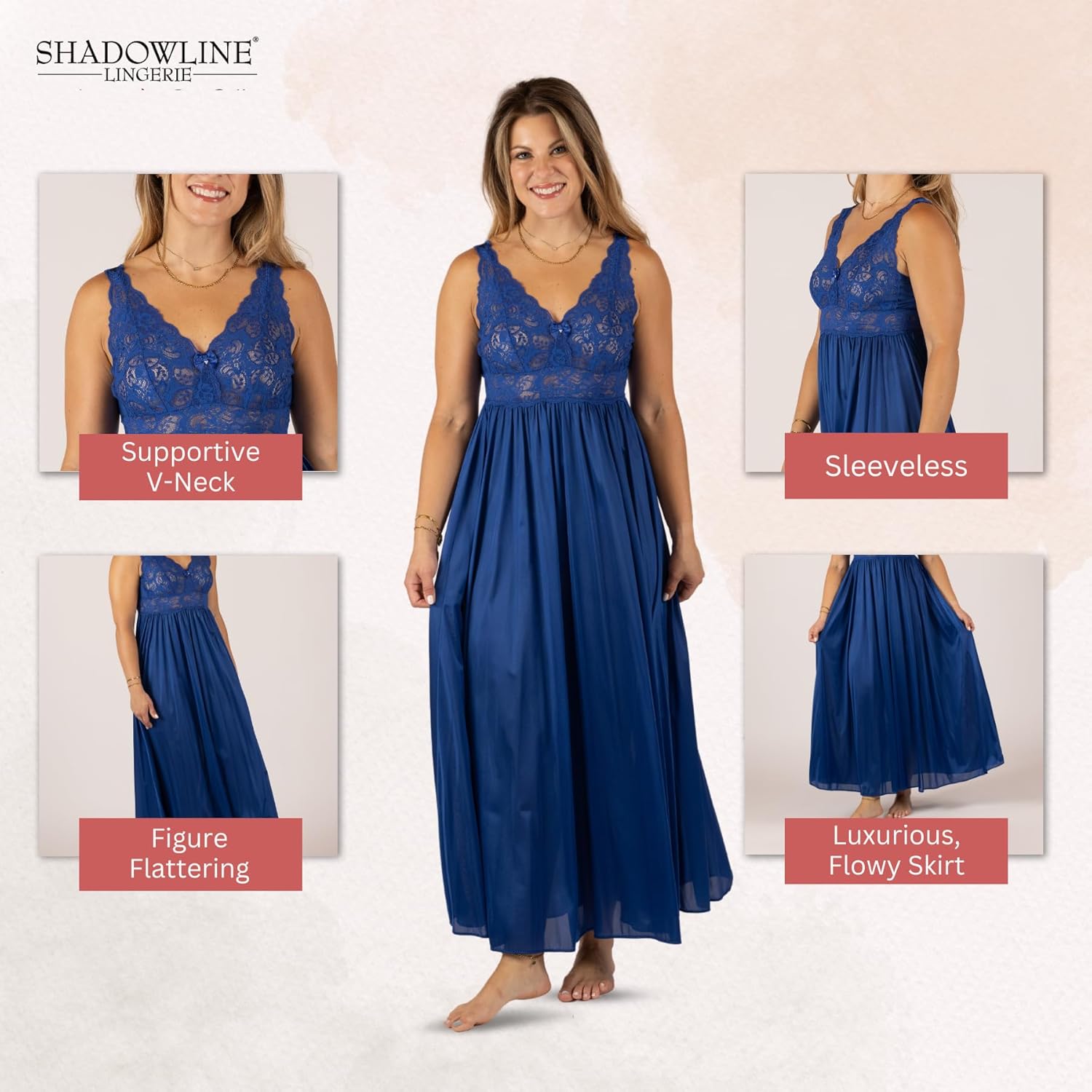 SHADOWLINE Women's Long Flowy Figure Flattering Nightgown– Silky Floral Stretch Lace Sleeveless Elegant Lingerie Sleepwear