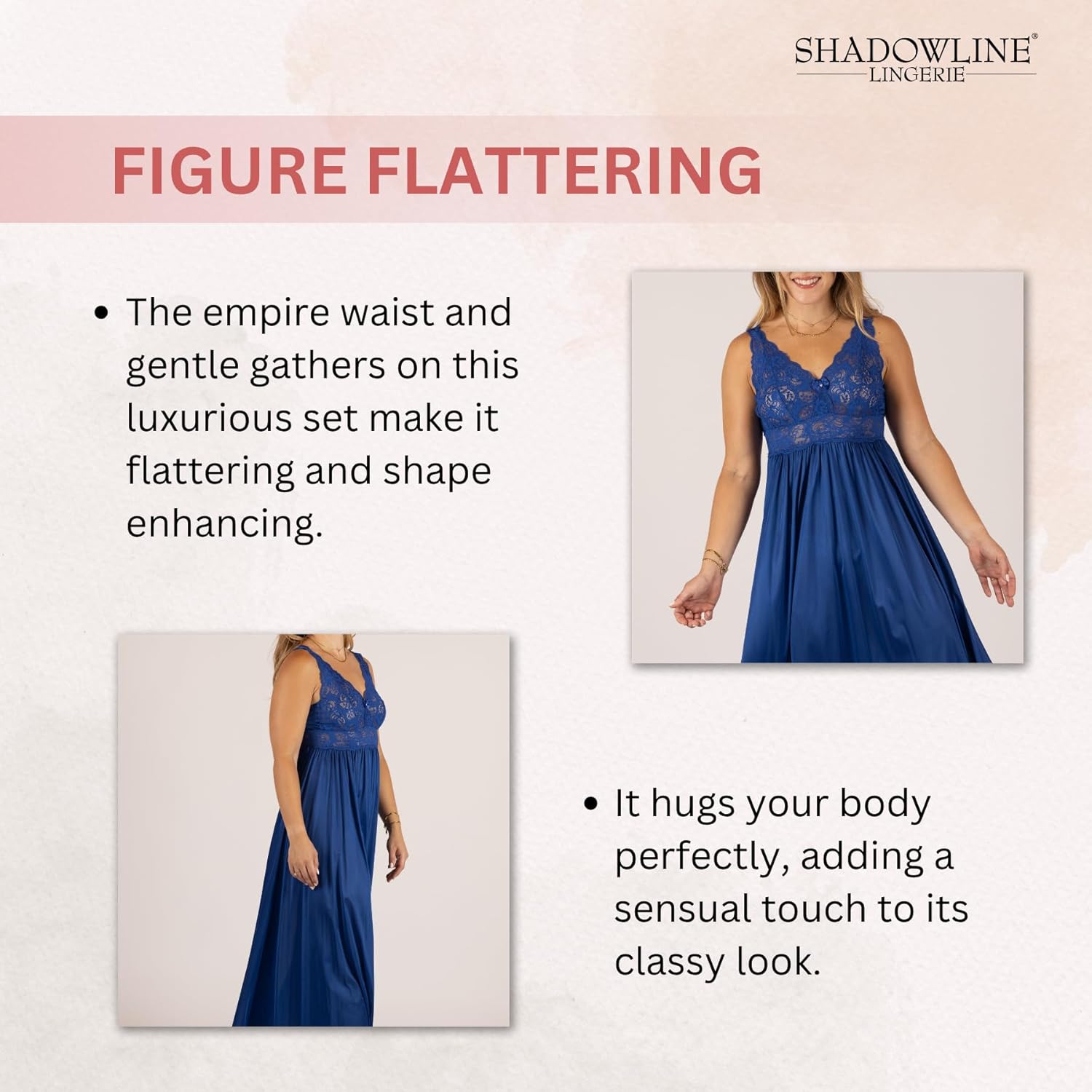 SHADOWLINE Women's Long Flowy Figure Flattering Nightgown– Silky Floral Stretch Lace Sleeveless Elegant Lingerie Sleepwear