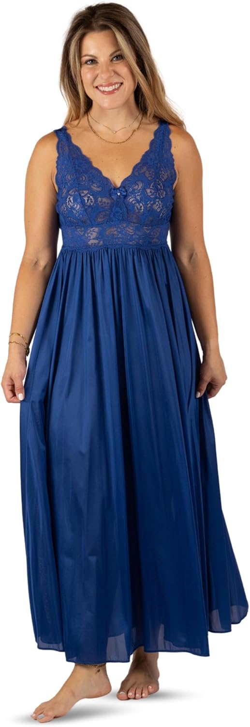 SHADOWLINE Women's Long Flowy Figure Flattering Nightgown– Silky Floral Stretch Lace Sleeveless Elegant Lingerie Sleepwear