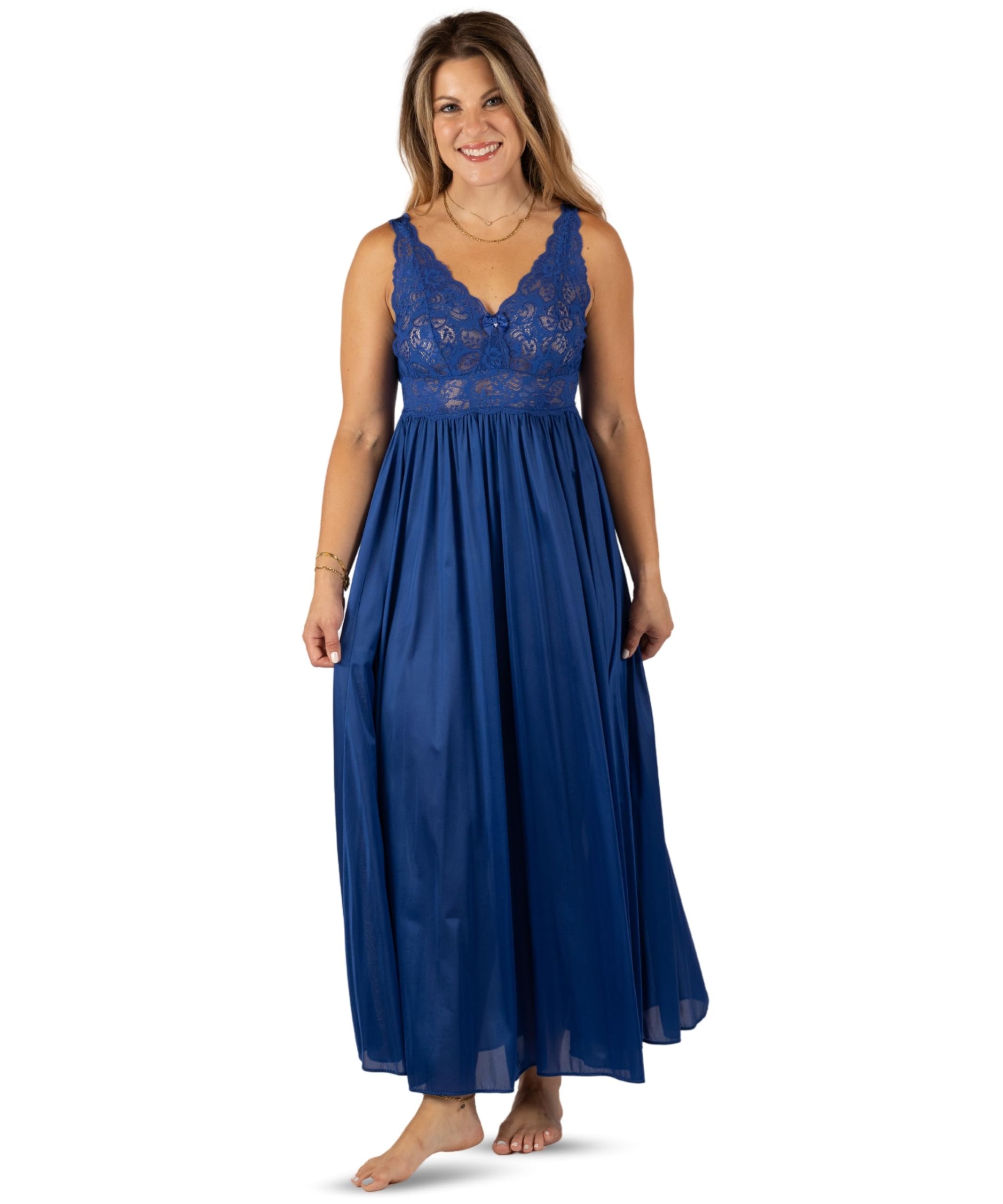 SHADOWLINE Women's Long Flowy Figure Flattering Nightgown– Silky Floral Stretch Lace Sleeveless Elegant Lingerie Sleepwear