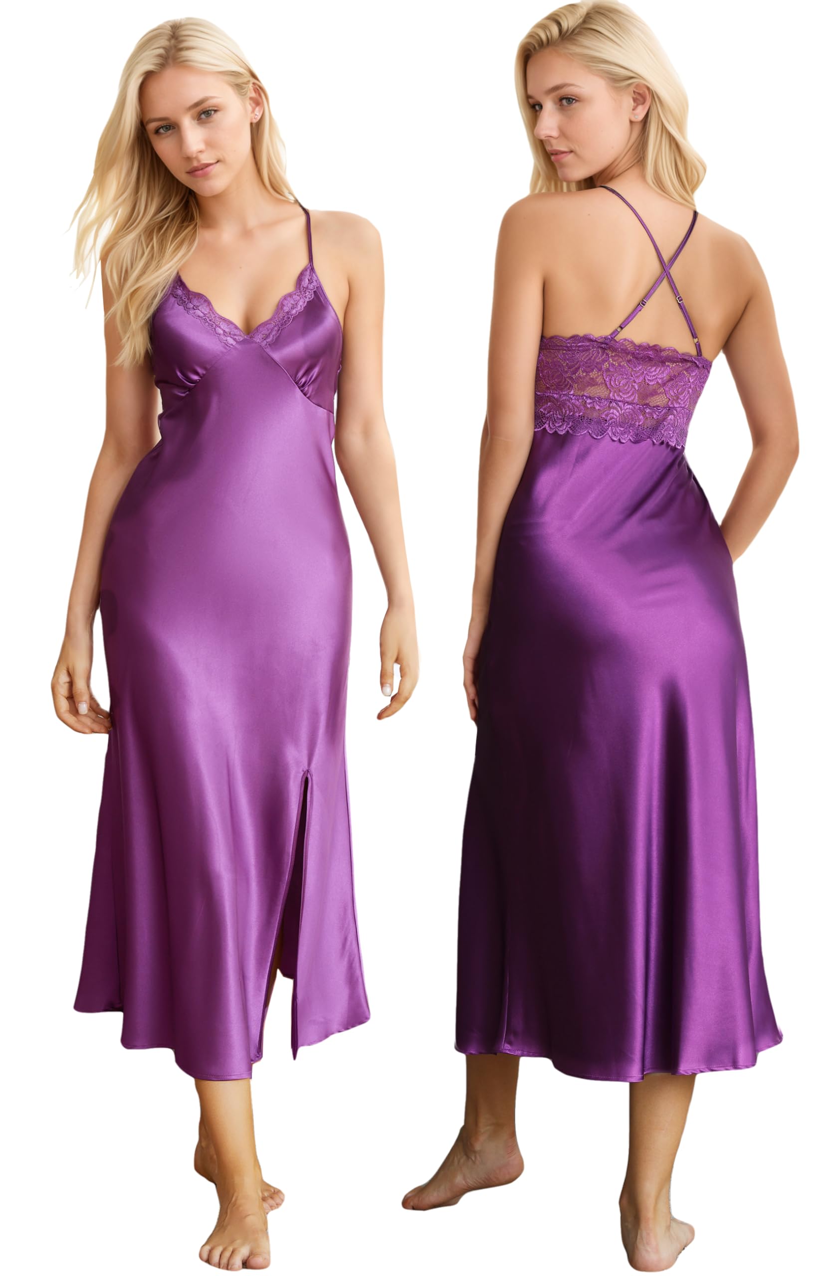 ALCEA ROSEA Women Silk Satin Nightgown Sexy Lace Chemise Lingerie Long Sleepdress for Ladies Sleepwear Slip Negligee