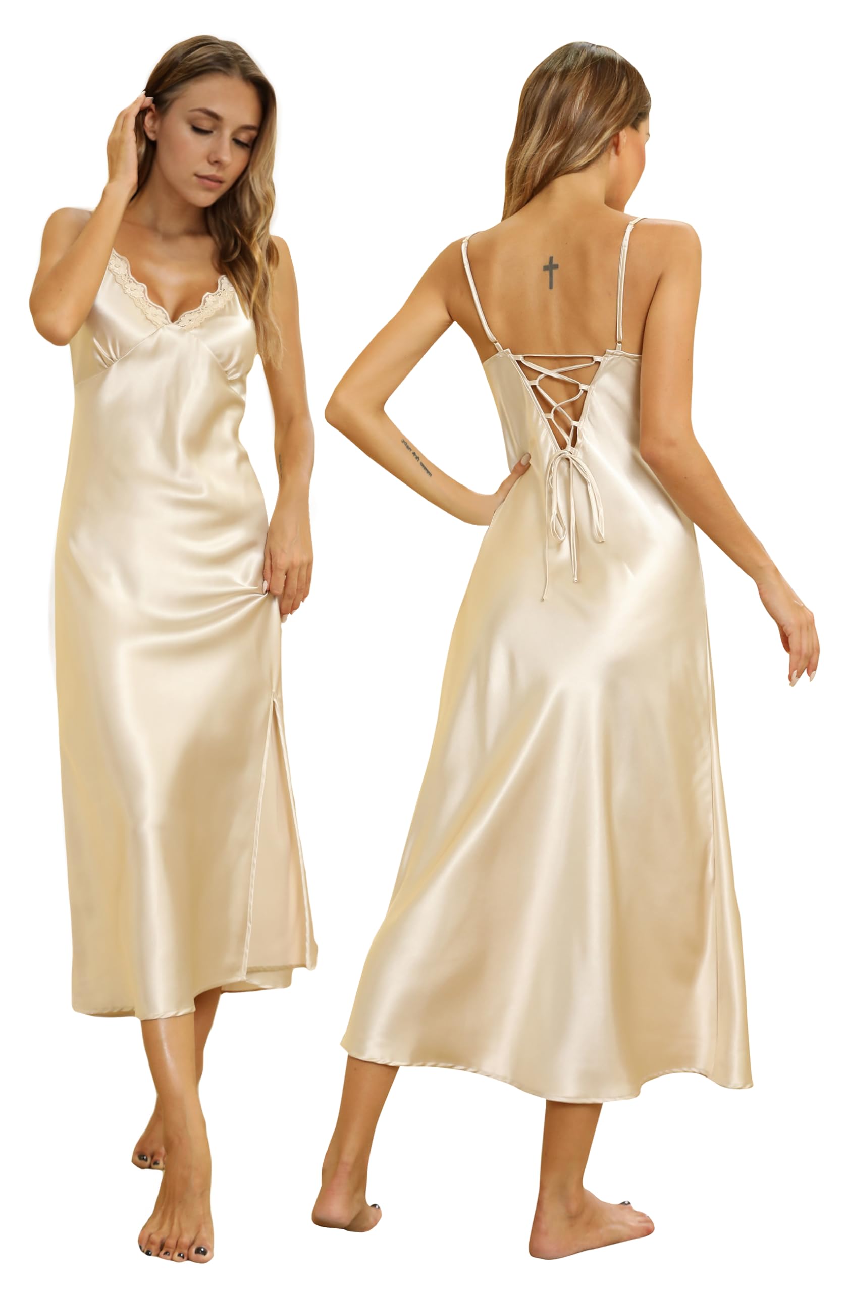 ALCEA ROSEA Women Silk Satin Nightgown Sexy Lace Chemise Lingerie Long Sleepdress for Ladies Sleepwear Slip Negligee