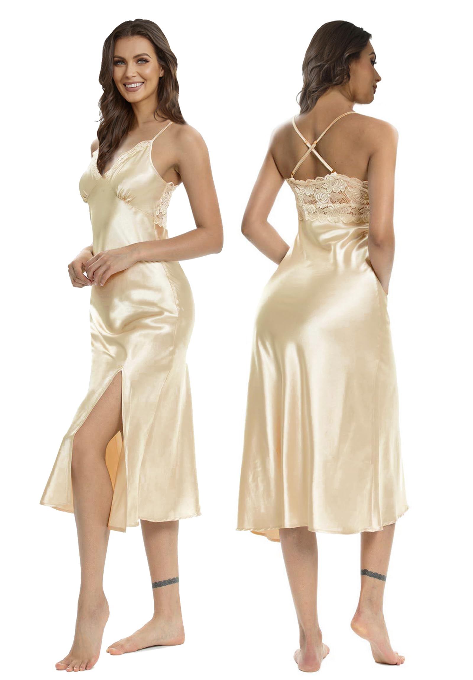 ALCEA ROSEA Women Silk Satin Nightgown Sexy Lace Chemise Lingerie Long Sleepdress for Ladies Sleepwear Slip Negligee