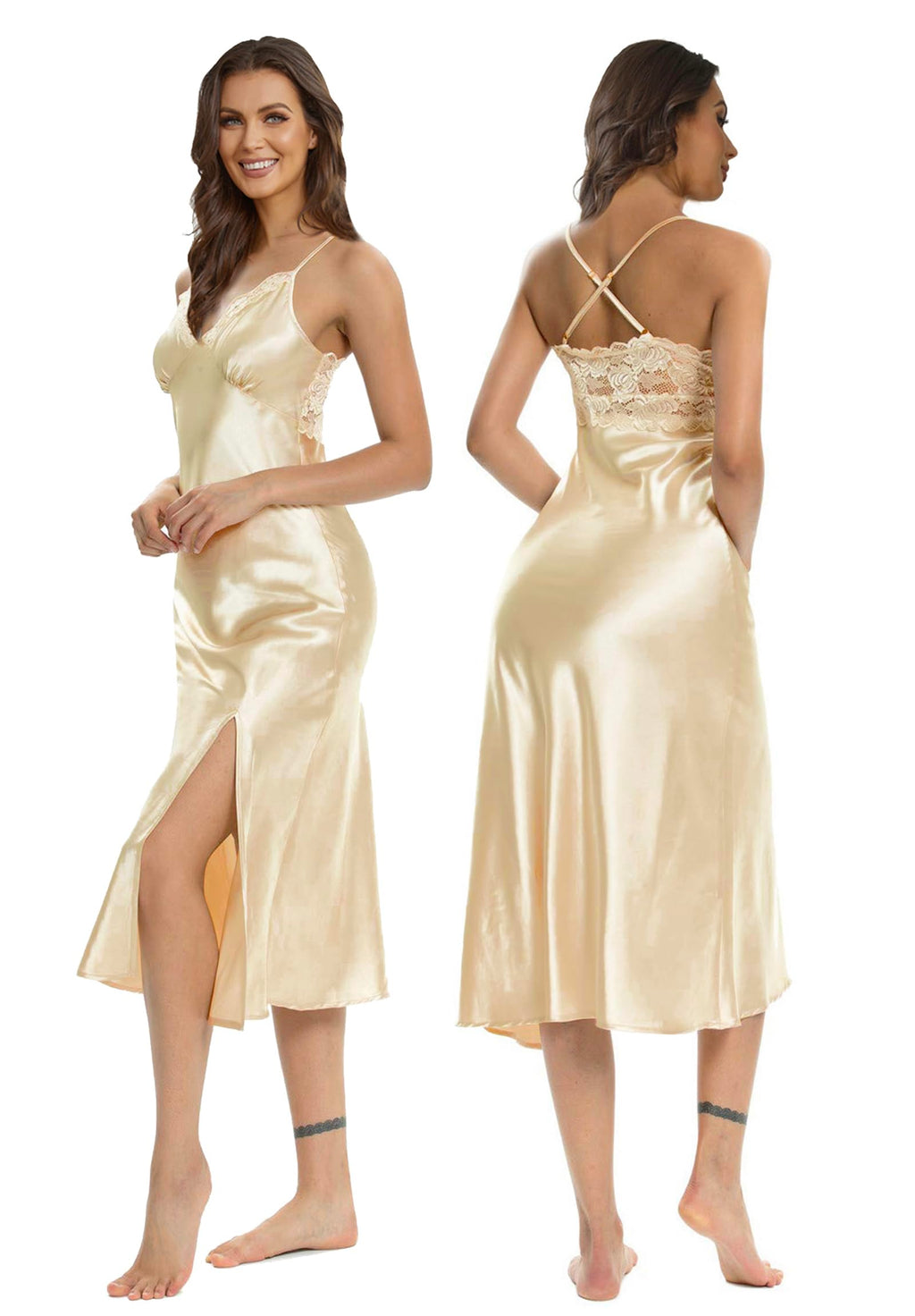 ALCEA ROSEA Women Silk Satin Nightgown Sexy Lace Chemise Lingerie Long Sleepdress for Ladies Sleepwear Slip Negligee