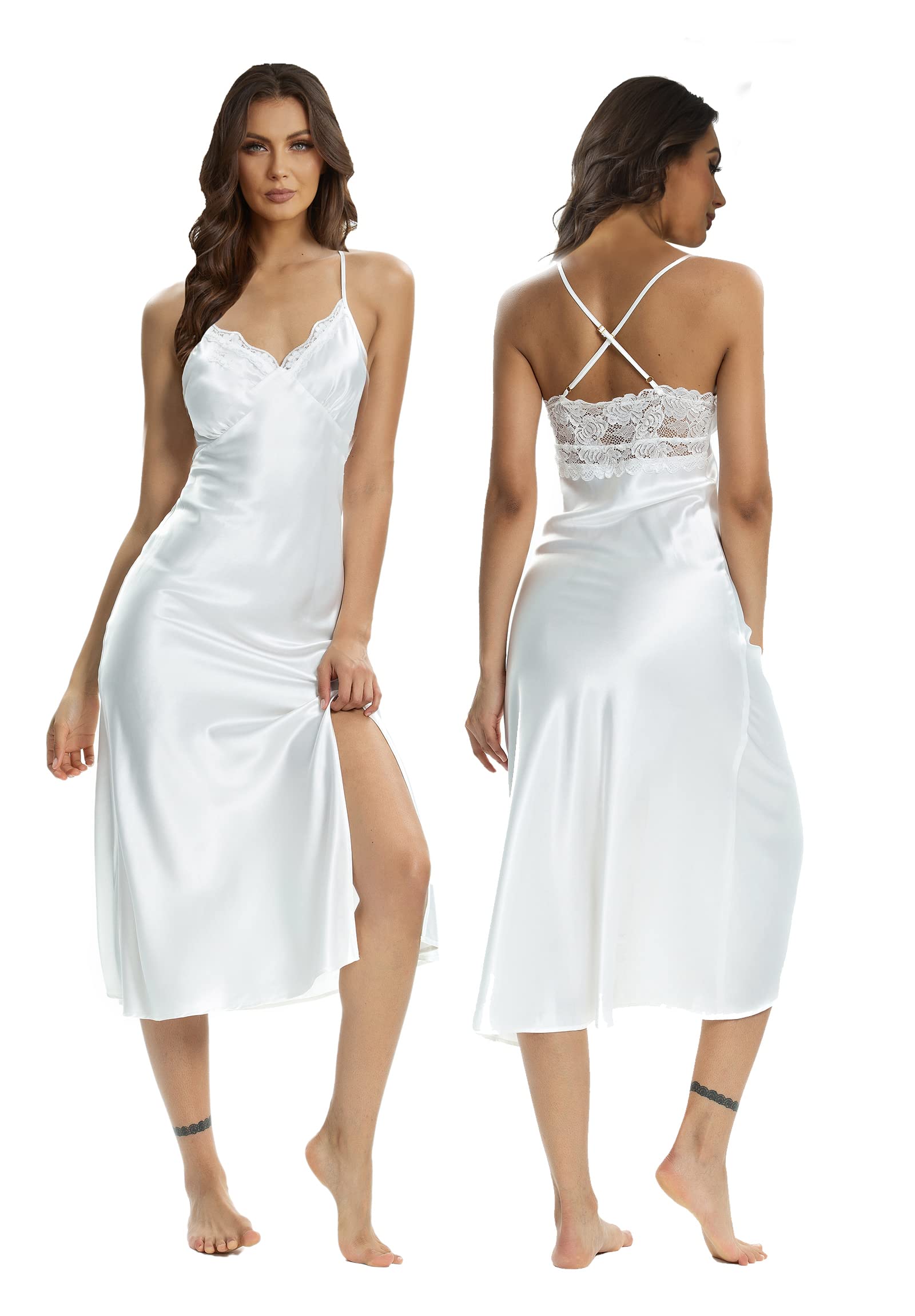 ALCEA ROSEA Women Silk Satin Nightgown Sexy Lace Chemise Lingerie Long Sleepdress for Ladies Sleepwear Slip Negligee